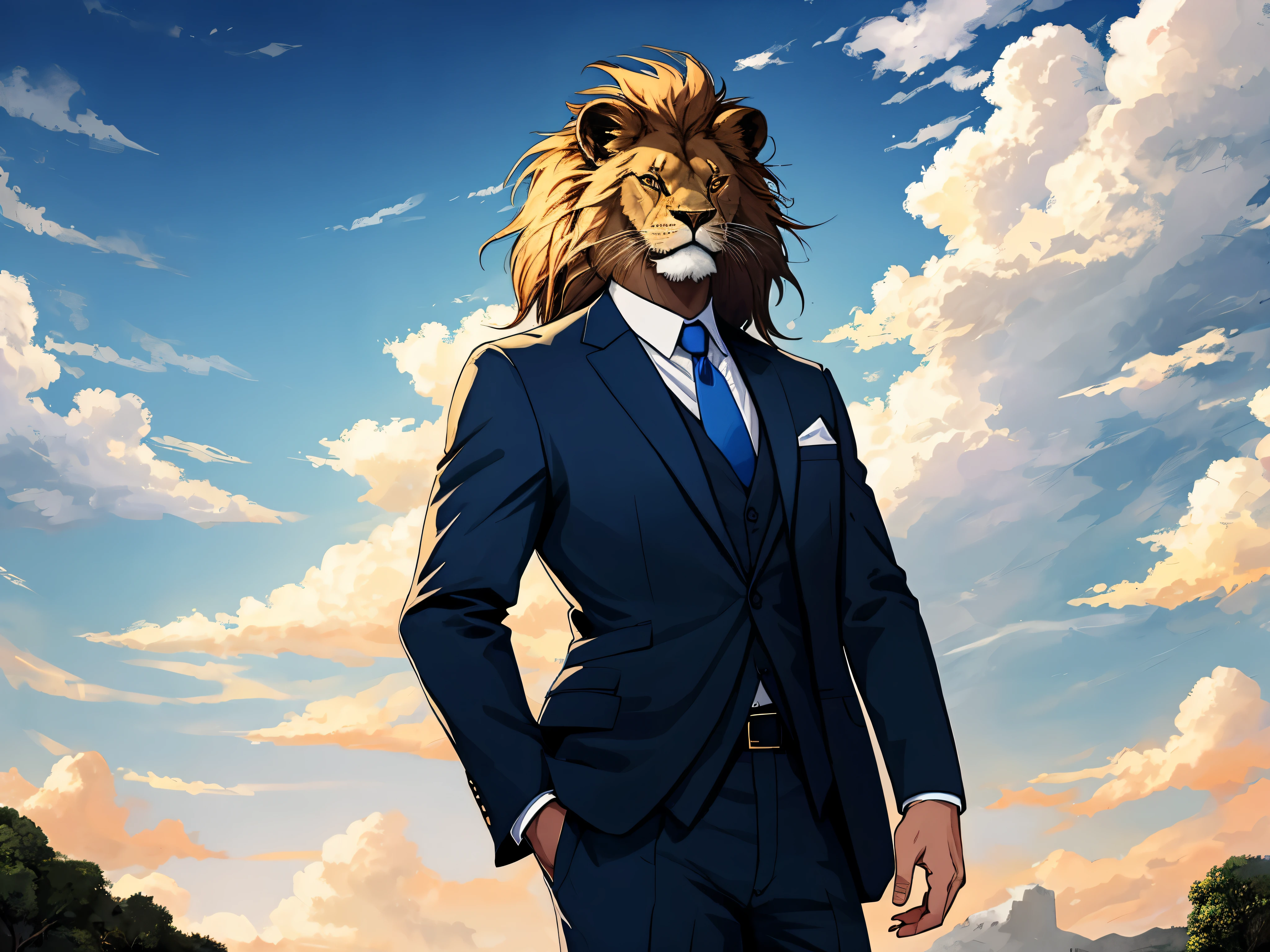 Lion in suit and tie blue light and clouds