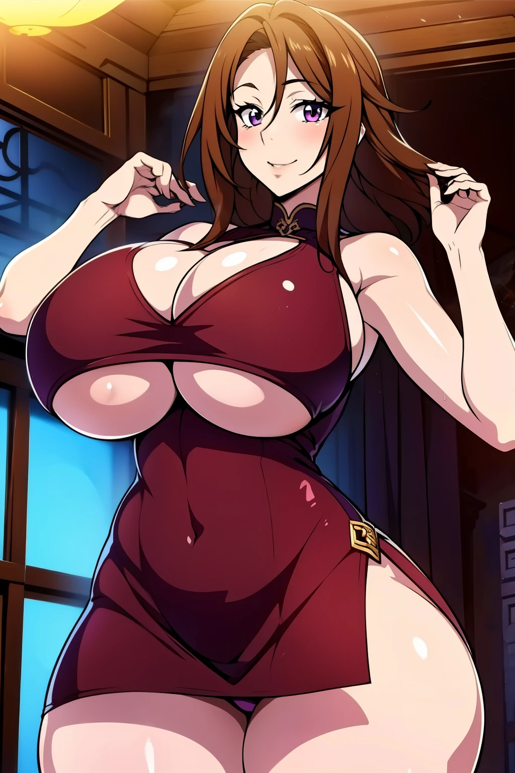 An anime-style artwork depicting Venelana Gremory from the anime High School DxD.

Tags: Venelana Gremory, anime, detailed eyes, detailed lips, ass, bare shoulders, 1girl, brown hair, (purple eyes), (chinese dress:1.1), short hair,curvy, thighs, higheels, shiny clothes, skin tight, cleavage,  solo, huge breasts, smiling expression, intense gaze, dynamic pose, indoor, palace, vibrant colors, digital art, high-resolution, professional quality, gigantic breasts, (underboob : 1.4), curvy, cowboy shot, (gigantic breasts: 1.4),