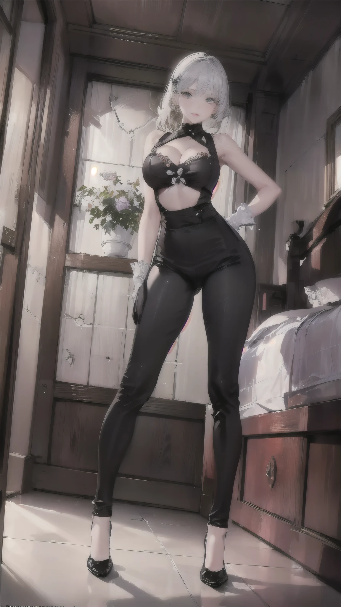 (((1 girl)),Ray Tracing,(Dim Lights),[Detailed background (bedroom)),((Silver Hair)),((Silver Hair)),(Fluffy Silver Hair, Busty and slim girl)) high ponytail)))) Avoid blonde eyes in the ominous bedroom ((((Girl wearing black high-waisted trousers and tights with delicate embroidery) and white ruffled bow gloves), Show off your slender figure and beautiful curves, correct limb, Sitting on the bed，Big breasts，Deep cleavage，