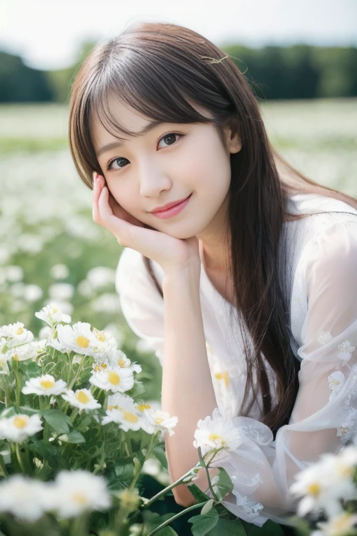 Realistic photo quality、arafed woman Sitting in a flower field with her hand on her chin, Sitting in a flower field, A field of white delphinium flowers、Portrait of a Girl, Girl sitting in a flower field, 80mm Portrait, Squatting in a flower field, close up portrait photography, 22Japan Female、smile、Fashion Model、Idol、Sheer light blue-gray slip