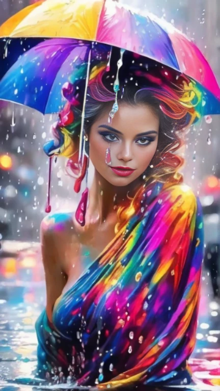 close-up of a woman with an umbrella in the rain, dripping with color, красочная digital painting, beautiful digital art, beautiful gorgeous digital art, яркая digital painting, colorful art, gorgeous digital art, colorful digital art, beautiful digital artwork, потрясающая digital painting, very beautiful digital art, stunning digital art, art by Alessandro Pautasso, digital painting