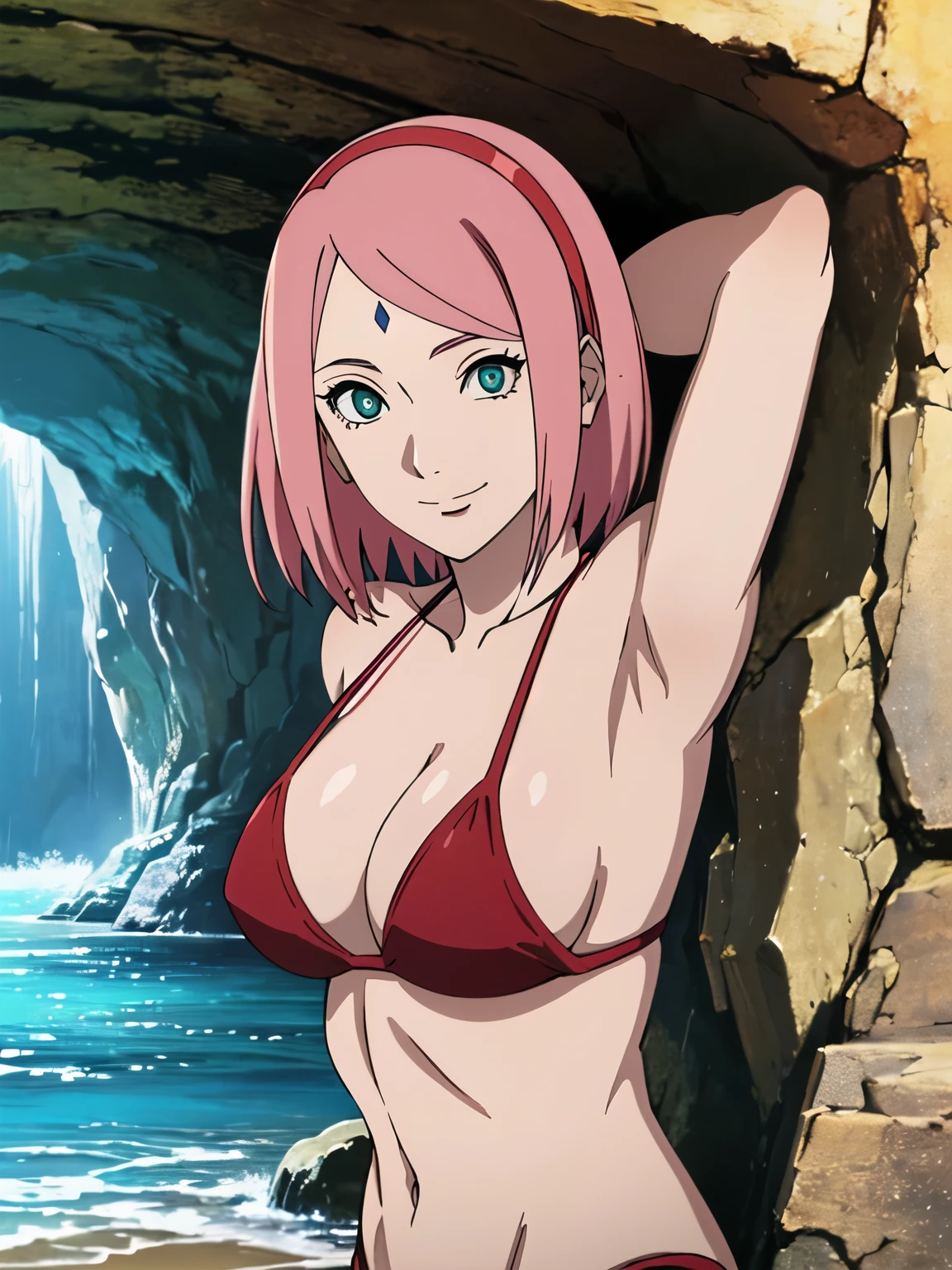anime style, solo, 1 woman, from right, close view, (armpit hair, laying on cave), super ultra details, bold drawing lines, very high resolution, perfect anatomy, ultra detailed face, high vibrance, (blue light), ((cold colors)), 1girl, haruno sakura, (slim body, pale skin, thin belly , off-shoulders, biceps, toned arms, leaning forward, forehead mark, smile, hand leaning), ((red string bikini, red hair band)), looking at viewer, (cave), floating hair, big smile, cowboy shot, (reddish hair, detailed hair, missy hair, short hair, scattered hair), spring time, attractive colors
