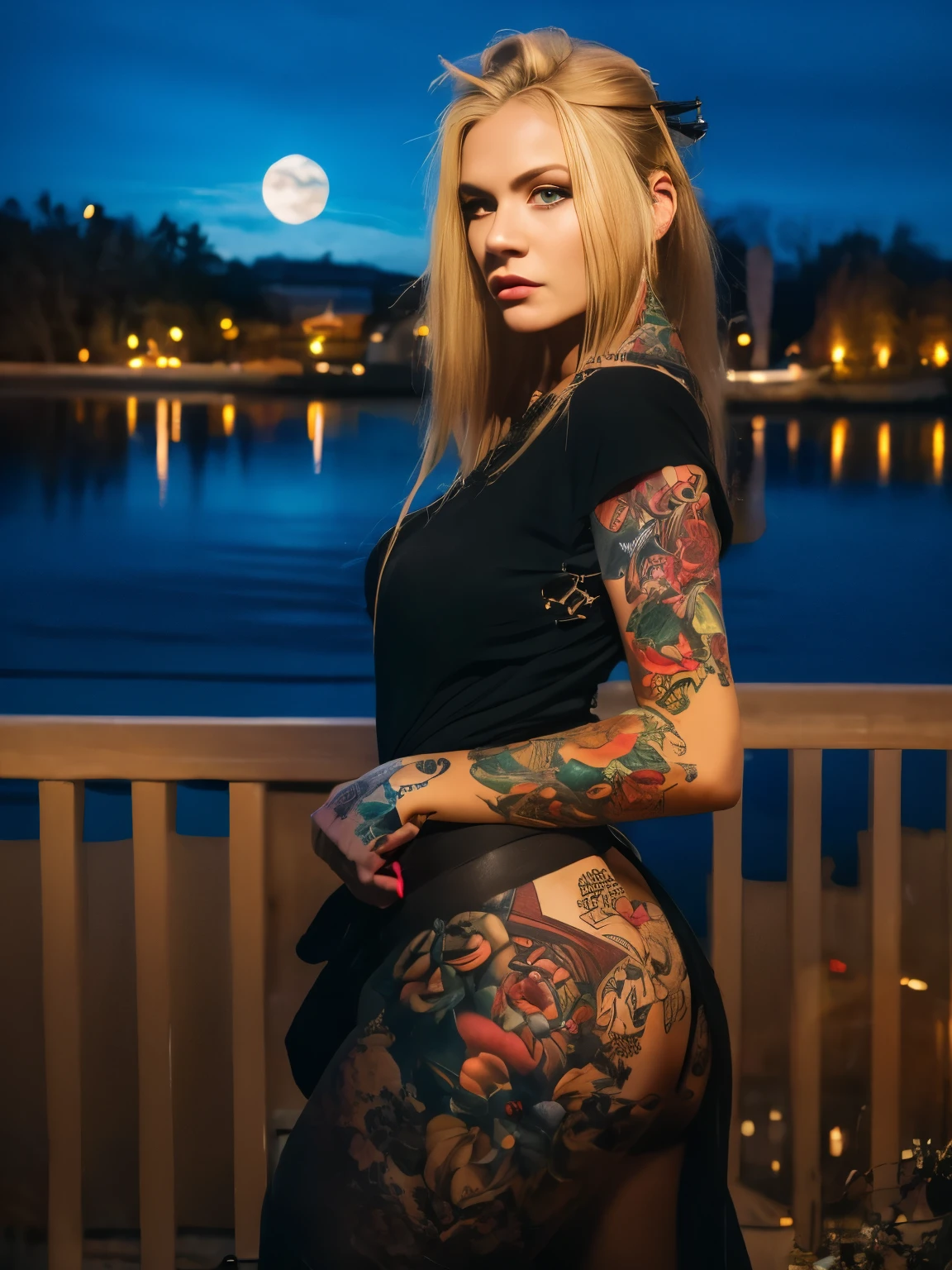 Best quality,work of art,Ultra high resolution,(Realisticity:1.4),original photo,cinematic lighting, 1 girl, (((Ukrainian, blonde,))) Alone, metalhead style, at night under the moonlight, wearing ripped black pants, black clothes, Gothic style, hot body fit, (tattooed ((only left arm)) ), heavy metal style, photography, heavy metal concert background. realistic, datailed, detailed face, 4K. Night background.
