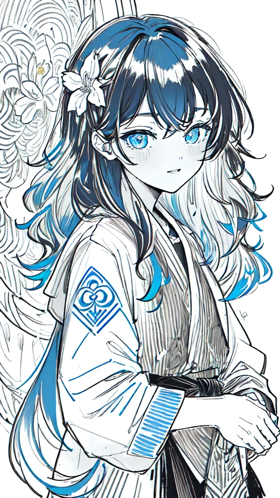 (monochrome:1.3), (lineart-style:1.3),(masterpiece, best quality, ultra detailed, ultra high resolusion, highres,8k:1.4), BREAK,(from front:1.2), 20_years_old, 1giri grin, close up face,(tribal_tatoo:1.2),(wavy hairs),(messy hair),(asymmetry bangs),(multicolored hair),
Tsurime Eyes, (((blue eyes))),
((flower hair ornament)),