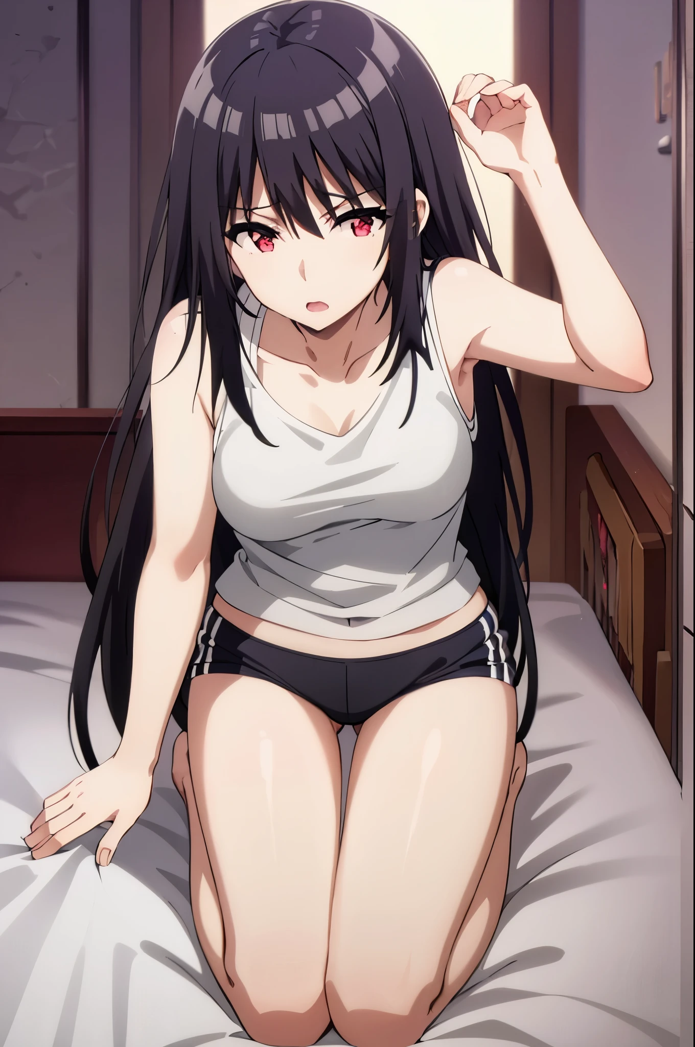 1girl, black hair,red eyes,masterpiece, best quality, high quality,medium breasts,(((white t-shirt,red underwear,bare legs))),kneeling on the bed,in the hospital