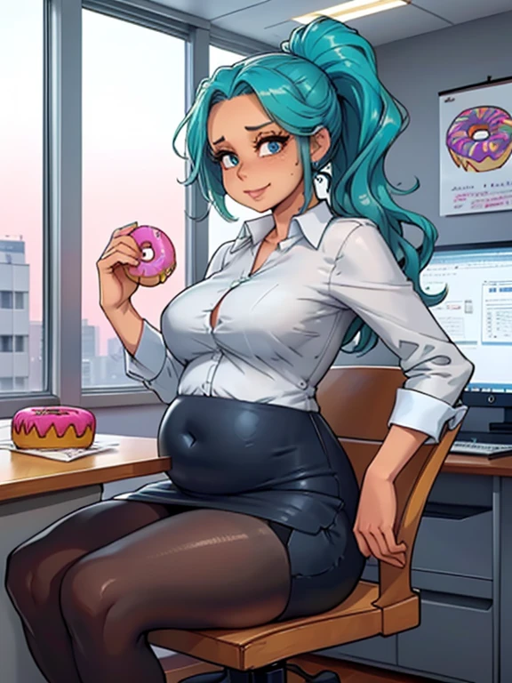 high_aesthetic, art_by_kipteitei, 1girl, (aqua blue hair), long wavy hair, hair up, blue eyes, black pencil skirt, dress shirt, (black tights), happy expression, (skinny), [stuffed_belly], (holding donut), sitting in office, leaning back in chair, fancy office background with lots of windows, (best quality, masterpiece)