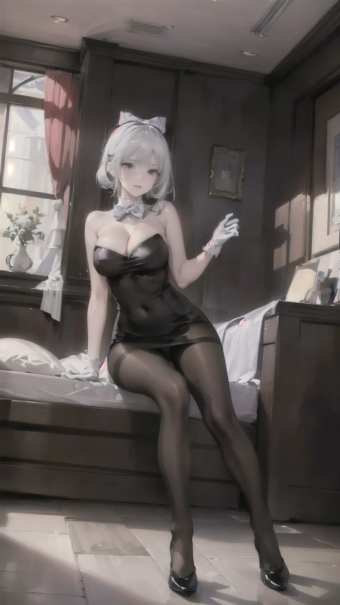 (((1 girl)),Ray Tracing,(Dim Lights),[Detailed background (bedroom)),((Silver Hair)),((Silver Hair)),(Fluffy Silver Hair, Busty and slim girl)) high ponytail)))) Avoid blonde eyes in the ominous bedroom ((((女孩穿着精致刺绣的黑色高腰裤和Pantyhose) and white ruffled bow gloves), Show off your slender figure and beautiful curves, correct limb, Sitting on the bed，Big breasts，Deep cleavage，Pantyhose，miniskirt，