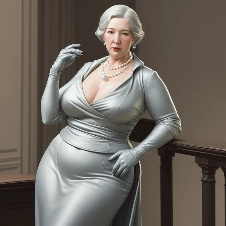 Generate an image of Gertrude Vanderbilt, a fat 76-year-old retired socialite and philanthropist. She stands at 165 cm tall with chubby hourglass physique. Her silver hair is impeccably styled in chic coiffure. She is dressed in a tailored skirt suit, exuding sophistication. She wears a pearl necklace around her neck. She is alone. She is very chubby. She wears a pair of gloves