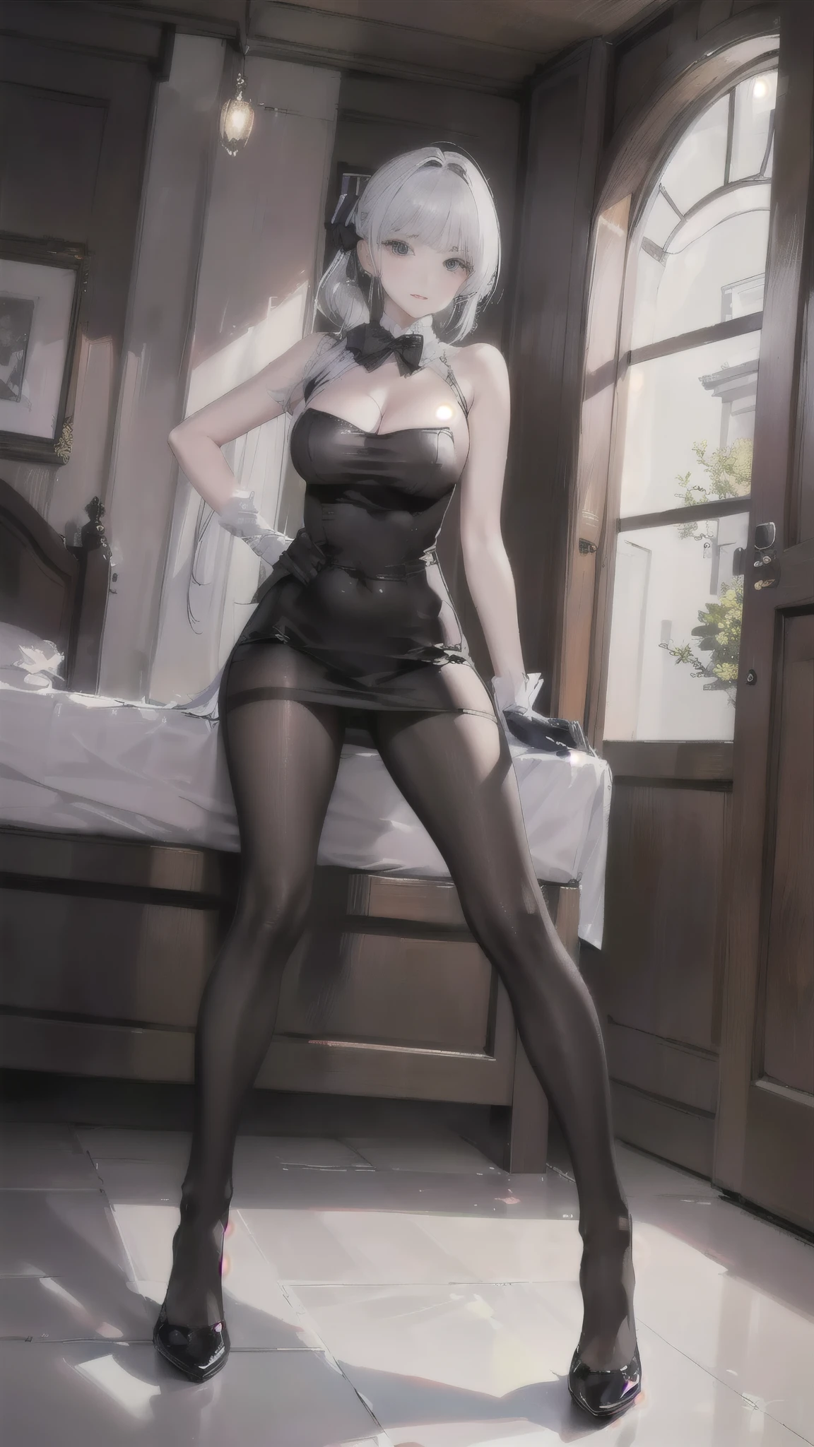 (((1 girl)),Ray Tracing,(Dim Lights),[Detailed background (bedroom)),((Silver Hair)),((Silver Hair)),(Fluffy Silver Hair, Busty and slim girl)) high ponytail)))) Avoid blonde eyes in the ominous bedroom ((((女孩穿着精致刺绣的黑色高腰裤和Pantyhose) and white ruffled bow gloves), Show off your slender figure and beautiful curves, correct limb, Sitting on the bed,Big breasts,Deep cleavage,Pantyhose,miniskirt,