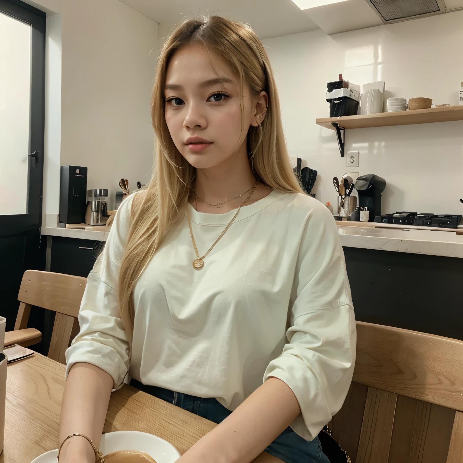 Kpop idol Jennie but with blonde hair and dressed in an aesthetic way in a cafe