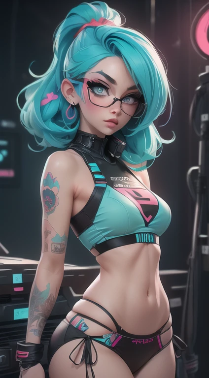 Masterpiece, Best quality, 8K, Cinematic light,tchibi, 1girl,full bodyesbian,Russian,extra very short hair, ((rainbow hair)), ((micro thong)),purple sweatshirt, ((aqua eyes)), ponytail,(pointed ears),round frame glasses,wide hips,Pouting expression, cute,(cleavege:1.5, unzipped),((underboob:1.5)), ((thigh_strap)),anime girl with headphones,(((liquid paint hair:1.1)))

(nsfw:0.55), ((flat chested, flat stomach, baby face)), (intense colors)