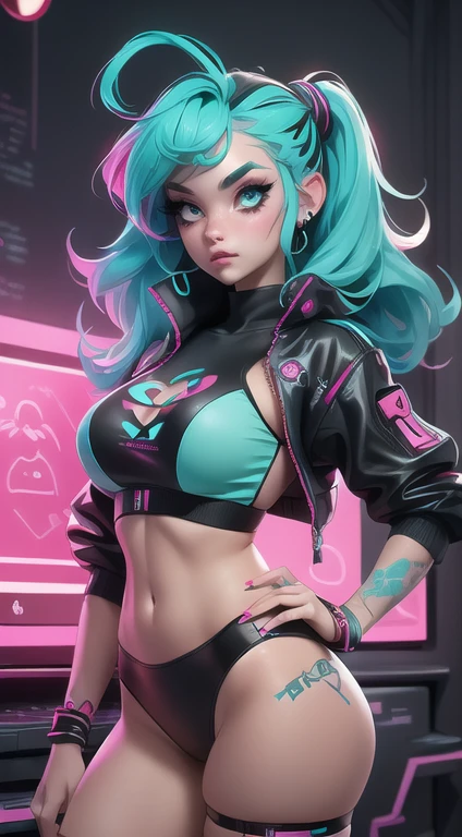 ((Best Quality)), ((Masterpiece)), ((Realistic)) and ultra-detailed photography of a 1nerdy girl with goth and neon colors. She has ((turquoise hair)), wears a (tech-wear top) and a (black thong, red pattern:1.2) , ((beautiful and aesthetic)), sexy, under-boobs, hot