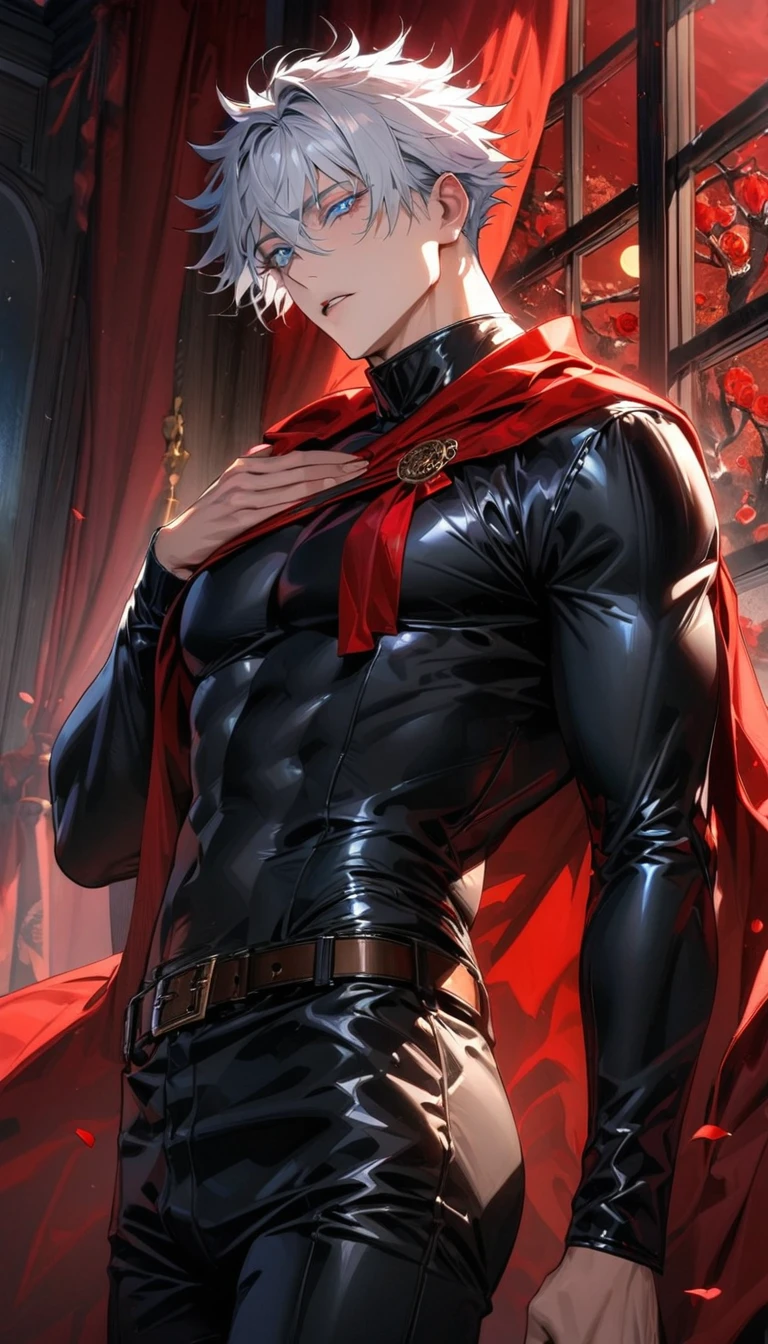 absurdres, highres, ultra detailed, HDR, masterpiece, Gojo Satoru, white hair with bangs, hair between the eyes, expressive blue eyes, white eyelashes, Jujutsu Kaisen, solo, sexy man, very handsome, window, red curtains, moon, red roses, red petals, fantasy, tight black leather clothes, red cape, belt around his chest, accessories