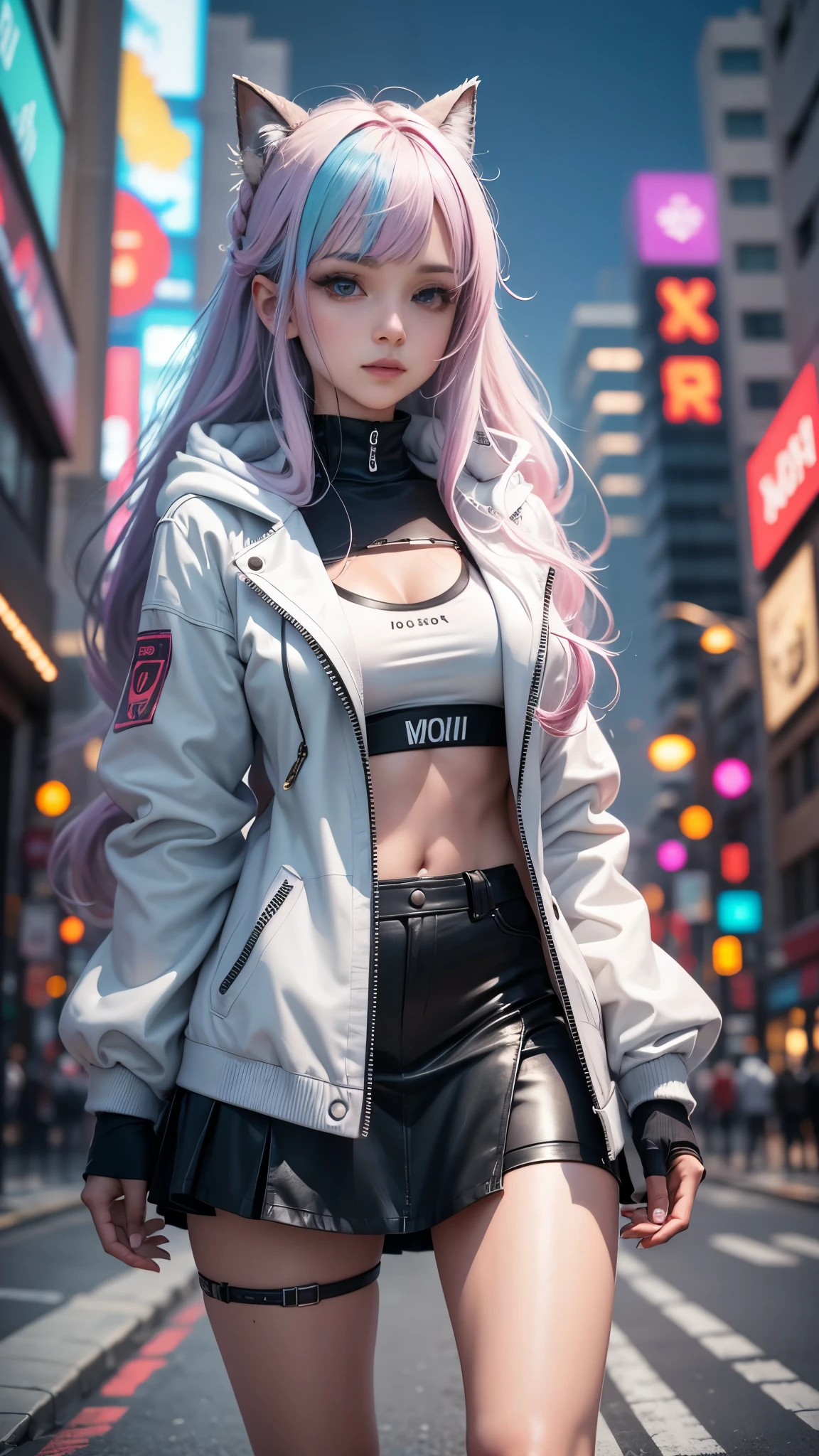 (RAW photos, Best quality, tmasterpiece:1.2), (actual, photo-actual:1.4),(tmasterpiece:1.4),(Best quality:1.4), ((cyber punk Girl)), ,Short white shirt,Open hooded fur-trimmed down jacket,Red miniskirt,((dynamicposes)), (((Cyberpunk city street background))), hair intakes, ((shapeless long hair)), looking at viewert, ssmile, (((upper legs gap))), upper legs, Very long hair, multicolour hair, alice \(Nikke\),(Glowing and radiant skin),actual.