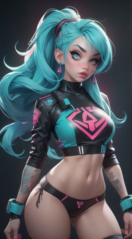 ((Best Quality)), ((Masterpiece)), ((Realistic)) and ultra-detailed photography of a 1nerdy girl with goth and neon colors. She has ((turquoise hair)), wears a (tech-wear top) and a (black thong, red pattern:1.2) , ((beautiful and aesthetic)), sexy, under-boobs, hot