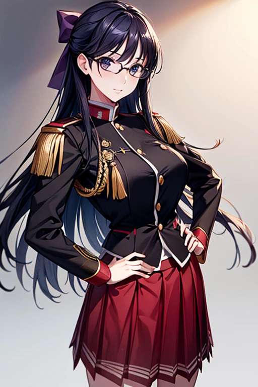 highest quality、unity 8k wallpaper、32k、masterpiece、Very detailed、Ultra-high resolution、Very detailedな顔、RAW Photos、Professional、Ultra-fine painting、Fine metal texture、High-quality fabric、Akane Ryuzoji、Hands on hips、uniform、Pleated skirt、Glasses