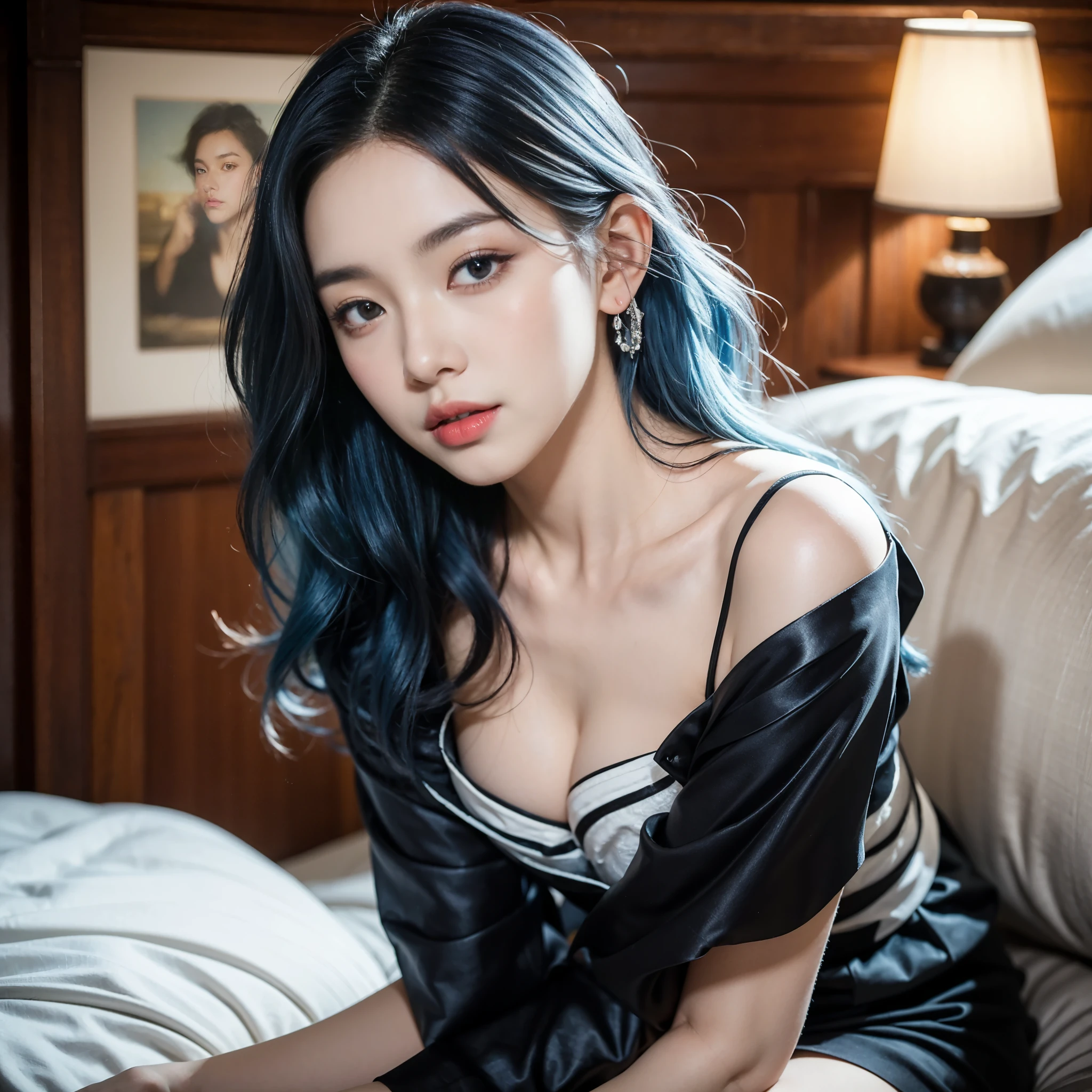 (1 Girl Solo, 1 Sexy Woman, Classical Maid, Blue Hair, Wavy Hair, Sitting, leaning forward:1.4), (Sexy woman, Cowboy shot :1.3), ((anatomically correct)), (Futuristic Portrait), (Extreme-Close-Up:1.2), Rim Lighting, Cinematic Light, (On The Bed, In the bedroom, Night, depth of field), Look at viewer, no futuro telhado de luz neon, SSCI - FI e Fantasia, intrincado e muito bonito e elegante, altamente detalhado, pintura digital, art-station, arte conceitual, smooth and sharp focus, illustration, Arte de Tan Zi e Ayanamikodon e Alphonse Mucha e Wlop