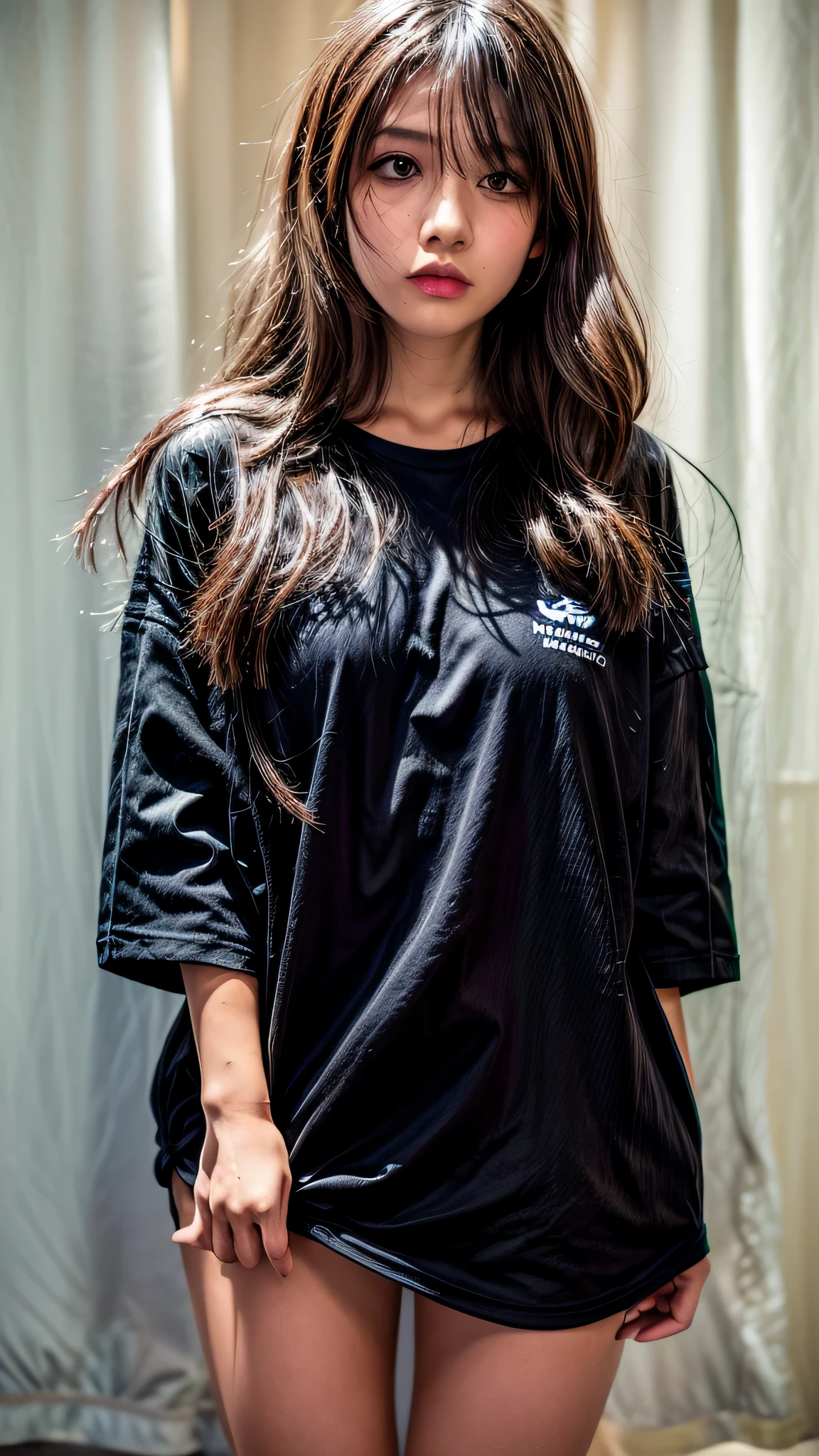 1girl, dark brown hair, dark brown eyes, wearing a black oversized shirt, thick thighs, in seaside, Stern expression
