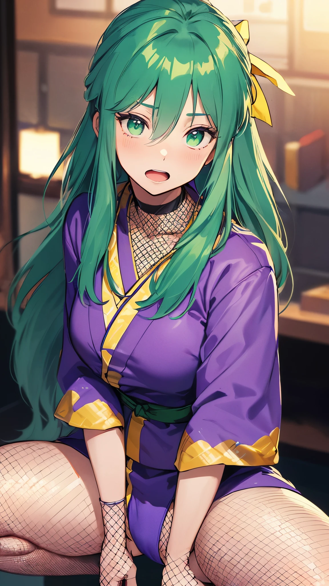 yae-bonbon, green hair, long hair, green eyes, (low-tied_long_hair:1.5),Yellow bow,large breasts,
((fishnets, purple short kimono,ninja, purple japanese clothes, fishnet bodysuit)), tabi, (upper body:1.3),open mouth, embarrassed ,blush,(spread legs:1.3),(legs up),(cameltoe:1.3),perfect anatomy,masterpiece,high resolution, ultra-detailed,game cg,dutch angle ,beautiful detailed eyes,visualart,five fingers, perfect hands, perfect lighting, Noise Reduction,