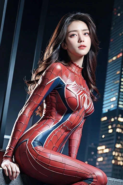 (best quality,ultra-detailed,realistic:1.37), digital illustration, ( woman wearing a spiderman costume), detailed eyes and face, beautiful detailed lips, red lips, sexy body, big breasts,long eyelashes, big breasts:1.5, Close-up photo,  woman wearing a spiderman costume, long hair, ((Take a photo from below the thigh)),vibrant colors, dramatic lighting, comic book style,  woman wearing a spiderman costume, position:sitting, seductive pose, skyscraper background, view dark sky, tall buildings