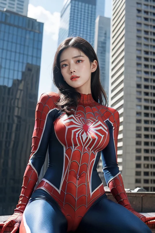 (best quality,ultra-detailed,realistic:1.37), digital illustration, ( woman wearing a spiderman costume), detailed eyes and face, beautiful detailed lips, red lips, sexy body, big breasts,long eyelashes, big breasts:1.5, Close-up photo,  woman wearing a spiderman costume, long hair, ((Take a photo from below the thigh)),vibrant colors, dramatic lighting, comic book style,  woman wearing a spiderman costume, position:sitting, seductive pose, skyscraper background, view dark sky, tall buildings