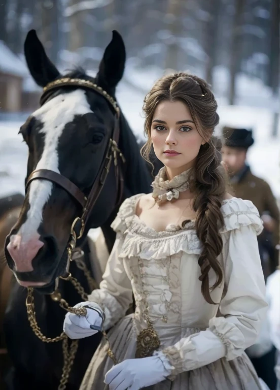 Arafa in a white dress and a horse in the snow, Victorian-style costume, Victorian-style clothing, olivia, I blame Winter Milady, gorgeous lady, Imperial and elegant hairstyle, Inspired by Sophie Pemberton, dress in the style of rococo, 1 Duchess of the 7th century, wear Victorian clothes, in Victorian aristocrat, aristocratic clothes