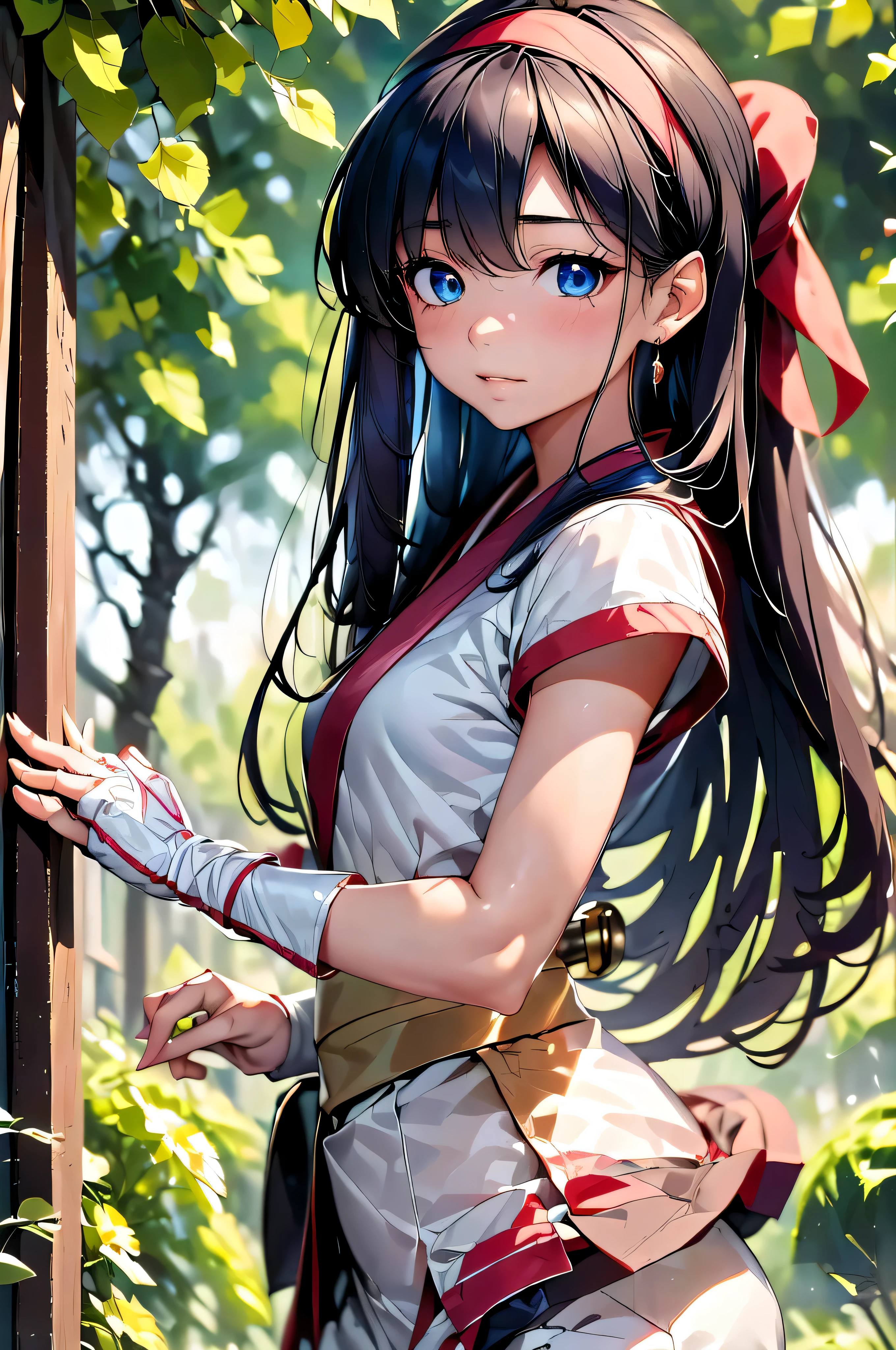 masterpiece, highest quality, Perfect Face, Highest Resolution, Highest quality,Detailed depiction of the eyes,Nakoruru, 1 girl, ************, Long Hair, slender, Ainu costume, hair band, deepblue hair, fingerless gloves, Short sleeve, bangs, red hair band, midnightblue eye color, White Pants, kimono, short sword, violent, Bouncing, dusk, Perfect Anatomy, Holding a short sword in his right hand,  prepare yourself, Swinging