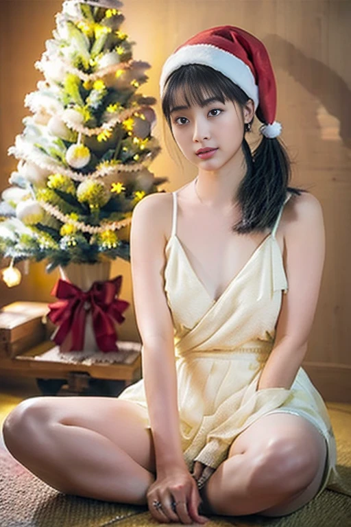 1 Japanese girl, (Ulzzang-6500-v1.1:0.8), (RAW Photos:1.2),((Realistic:1.4)), highest quality, masterpiece, Very delicate and beautiful, Very detailed, CG, Unity, In detail, masterpiece, detailed CG Unity 8k wallpaper, Absurd, incredibly Absurd, Very detailedな, High resolution, Very detailed, Beautiful detailed girl, Very detailed eyes and face, Beautiful fine details, Light on the face, Cinema Lighting, whole body, Perfect hands, Depth of written boundary, Wearing a sexy Santa dress, Wearing red stockings, garter bell, christmas hat, (See through:1.3), (No bra), Blonde ponytail, on the road, Christmas Festival, night, it's snowing, Christmas tree, Small breasts, Wide lips, necklace, bracelet, Earrings, Spread your legs, tattoo