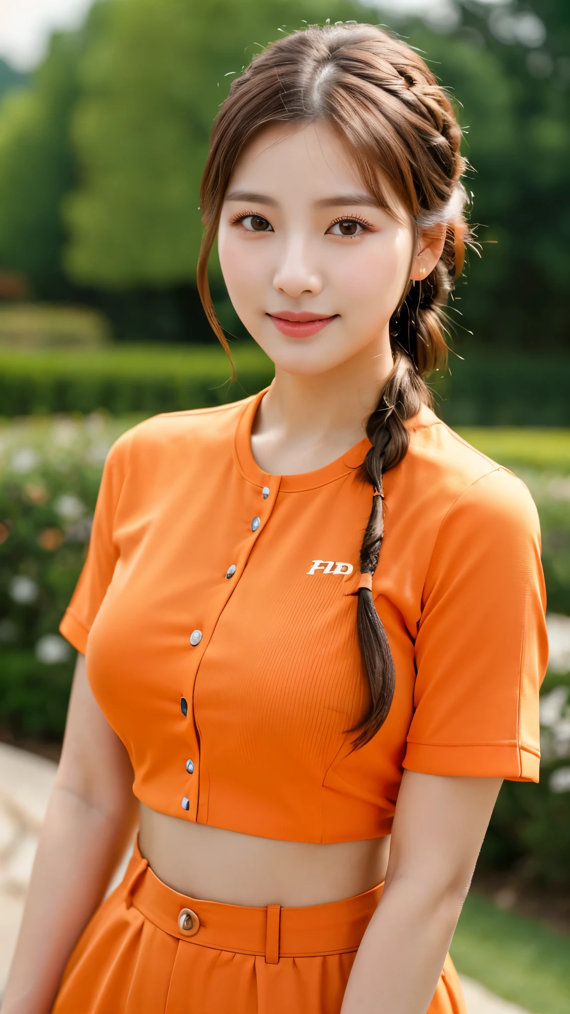 close-up of beautiful korean female, 34 inch breasts size, french braid , wearing orange pattern crop shirt, in the mansion, bokeh background, UHD