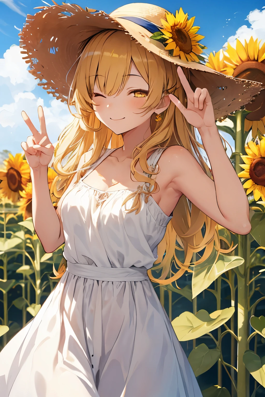 kirisame marisa,White Dress,Straw hat,Sandals,sleeping face,A carefree smile,With a smile,sunny,Summer Dating,Beautiful yellow eyes,One-eyed wink,sunflower,sunflower field,front,Peace sign with one hand,energetic pose,stand、 (girl1name)