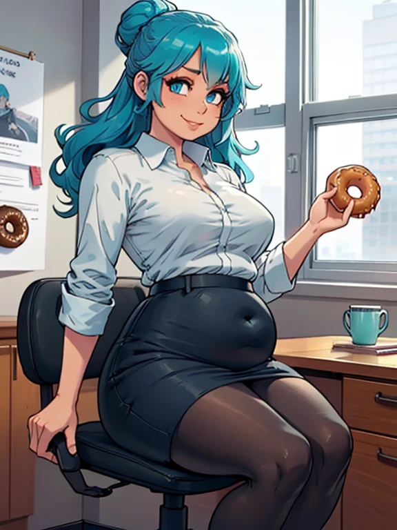art by kipteitei, 1girl, (aqua blue hair), long wavy hair, hair up, blue eyes, black pencil skirt, dress shirt, (black tights), happy expression, (skinny), [stuffed belly], (holding donut), sitting in office, leaning back in chair, fancy office background with lots of windows, (best quality, masterpiece)
