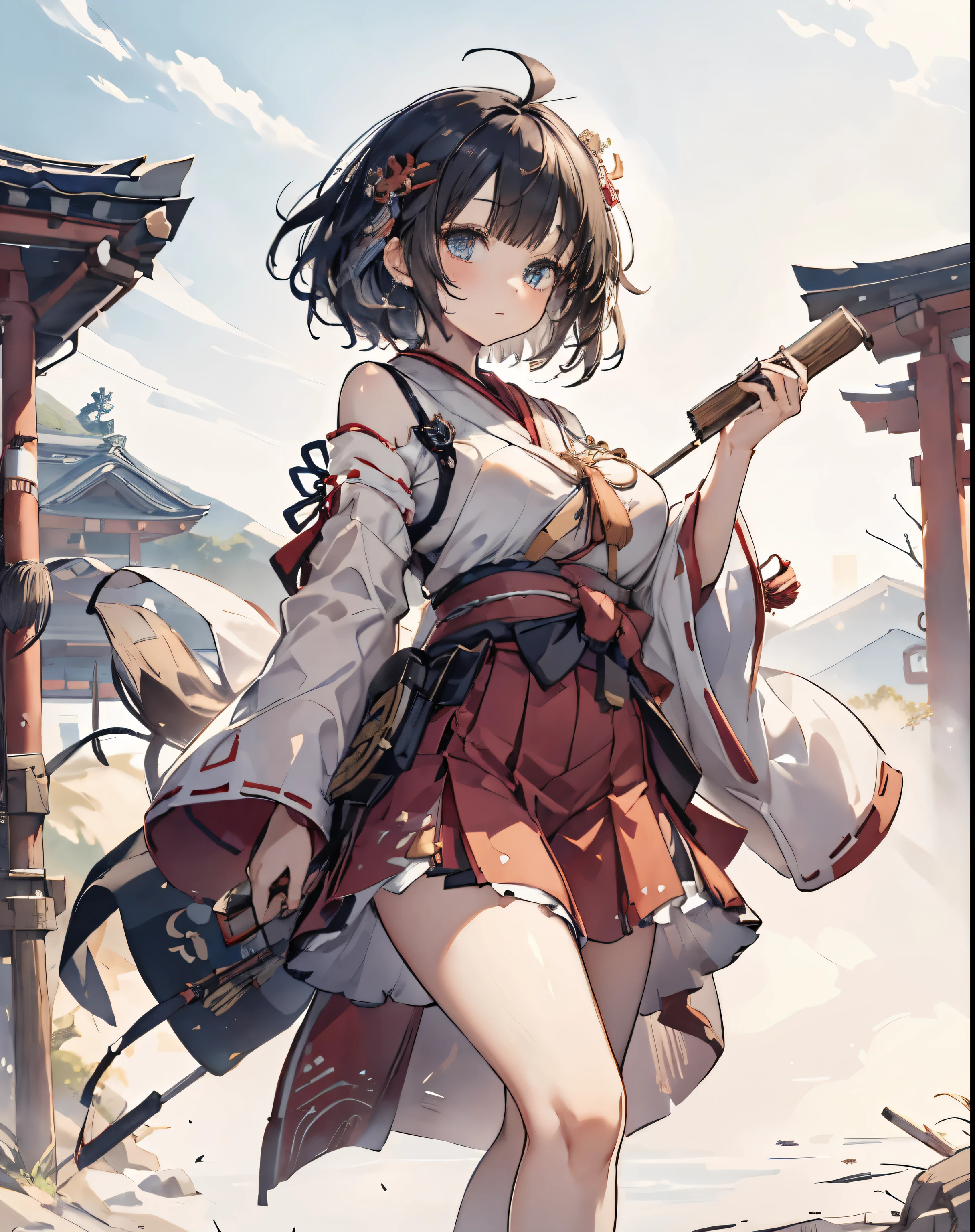 masterpiece, 1girl, sparrow, a black haired girl, wearing a miko clothes, curly short hair, messy hair, slim body, he close her left eye, shirt ornament, aqua eyes, ahoge, baby face, huge breast, beautiful breasts, rounded breasts, long sleeves, beautiful eyes, white stocking, droopy eyes, skirt, red skirt, her age is 19 years old, shrine, flared skirt, tight haori, skirt, shrine maiden, japanese clothes, arrogant