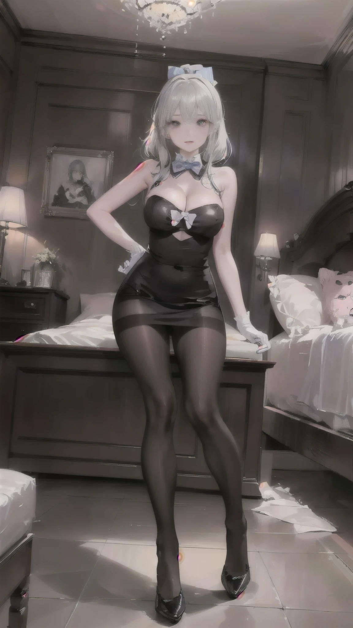 (((1 girl)),Ray Tracing,(Dim Lights),[Detailed background (bedroom)),((Silver Hair)),((Silver Hair)),(Fluffy Silver Hair, Busty and slim girl)) high ponytail)))) Avoid blonde eyes in the ominous bedroom ((((女孩穿着精致刺绣的黑色高腰裤和Pantyhose) and white ruffled bow gloves), Show off your slender figure and beautiful curves, correct limb, Sitting on the bed,Big breasts,Deep cleavage,Pantyhose,miniskirt,