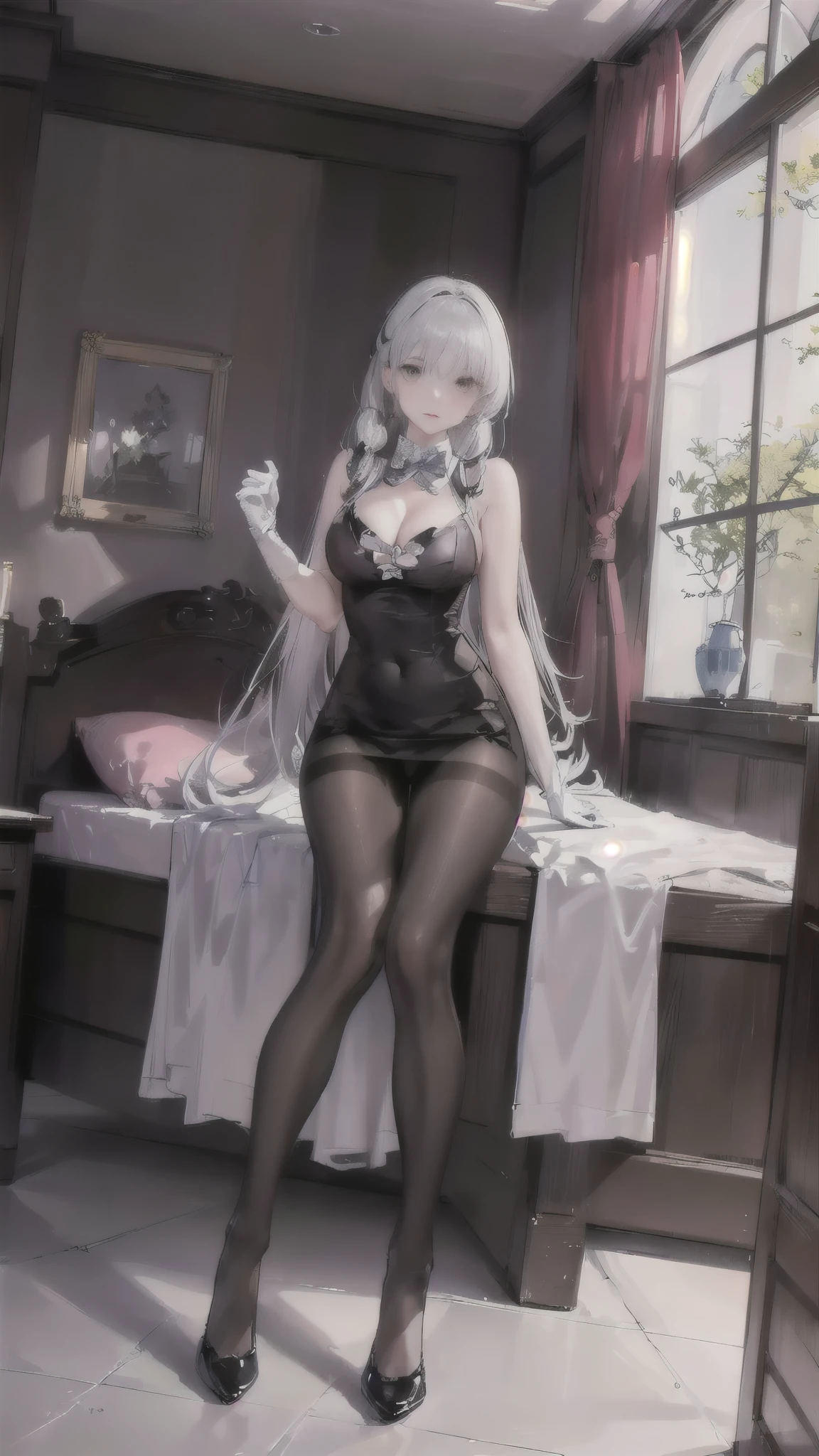 (((1 girl)),Ray Tracing,(Dim Lights),[Detailed background (bedroom)),((Silver Hair)),((Silver Hair)),(Fluffy Silver Hair, Busty and slim girl)) high ponytail)))) Avoid blonde eyes in the ominous bedroom ((((女孩穿着精致刺绣的黑色高腰裤和Pantyhose) and white ruffled bow gloves), Show off your slender figure and beautiful curves, correct limb, Sitting on the bed，Big breasts，Deep cleavage，Pantyhose，miniskirt，