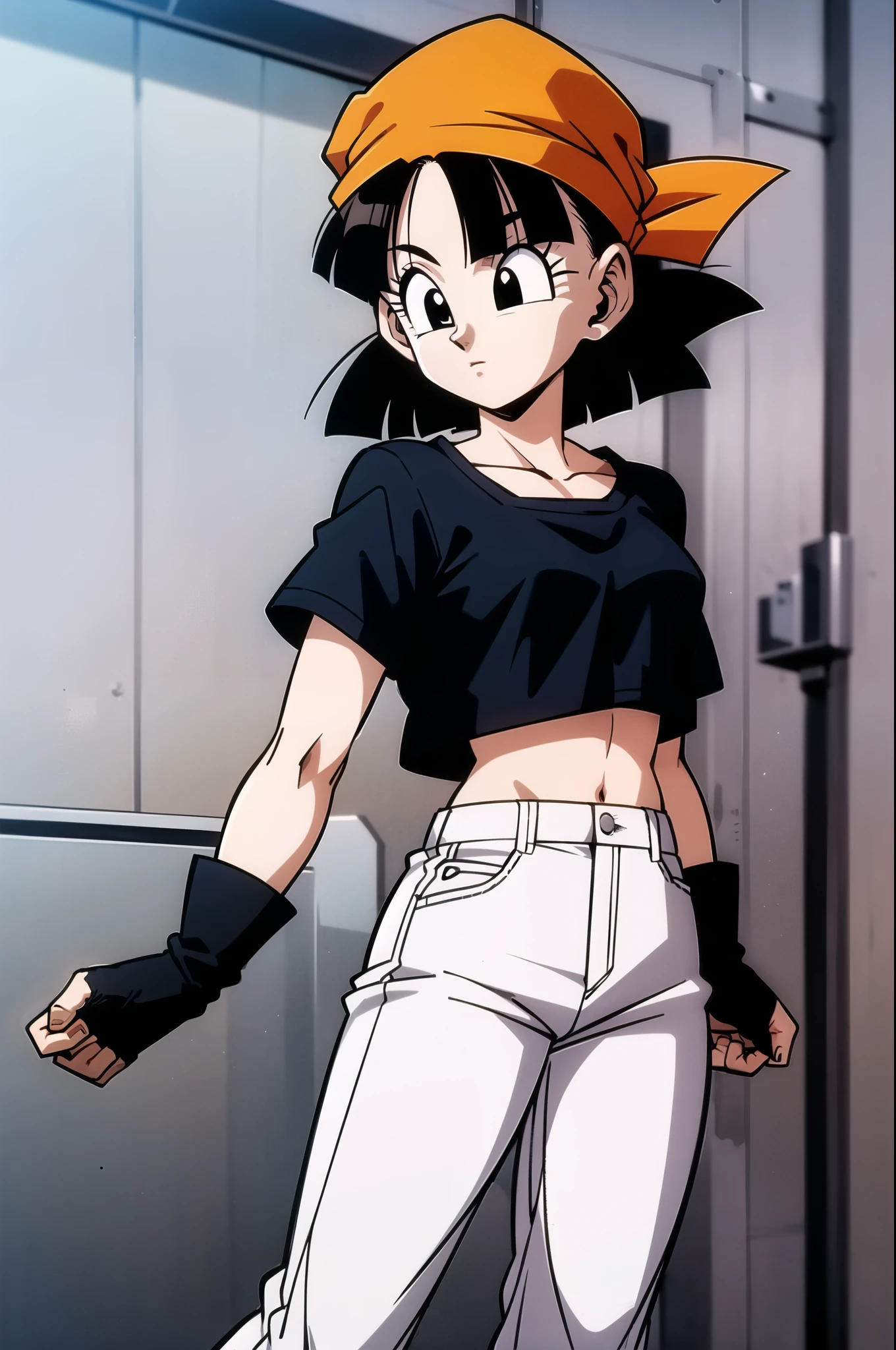 Pan, from Dragon Ball GT, is a young woman with short, dark hair, , female, crop top,, fingerless gloves, pants, orange bandana, short hair, black hair, black eyes, 1girl, pandballgt ,Pan, wearing a black and white striped sports shirt  ,black and white sports shirt