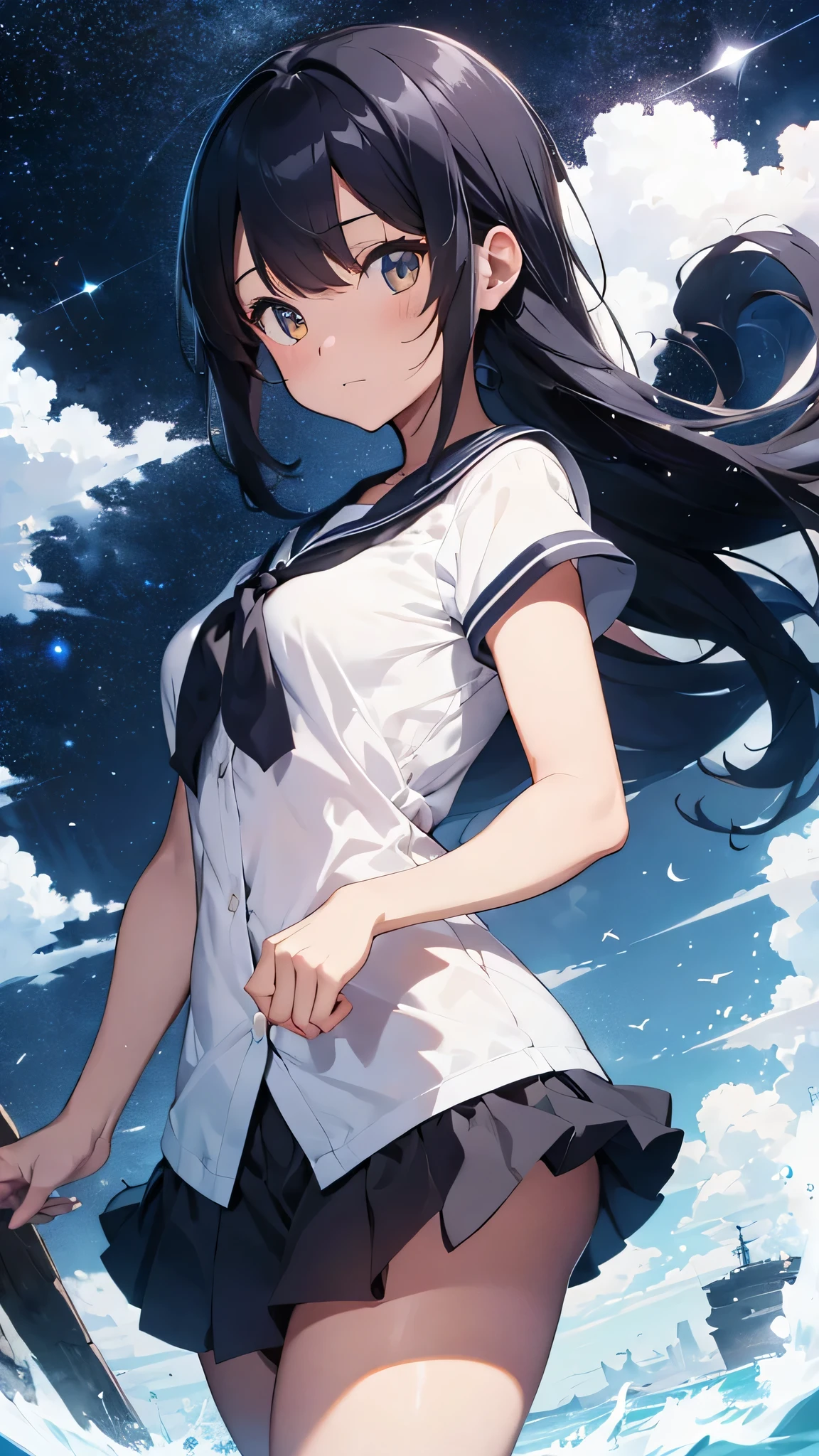 Create a stunning illustration of a mysterious sailor uniformed girl with navy blue hair and yellow eyes, facing forward.