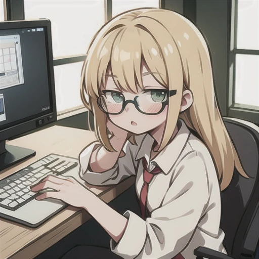 girl,Blonde,Glasses,In front of the computer,concentrated,Green Eyes
