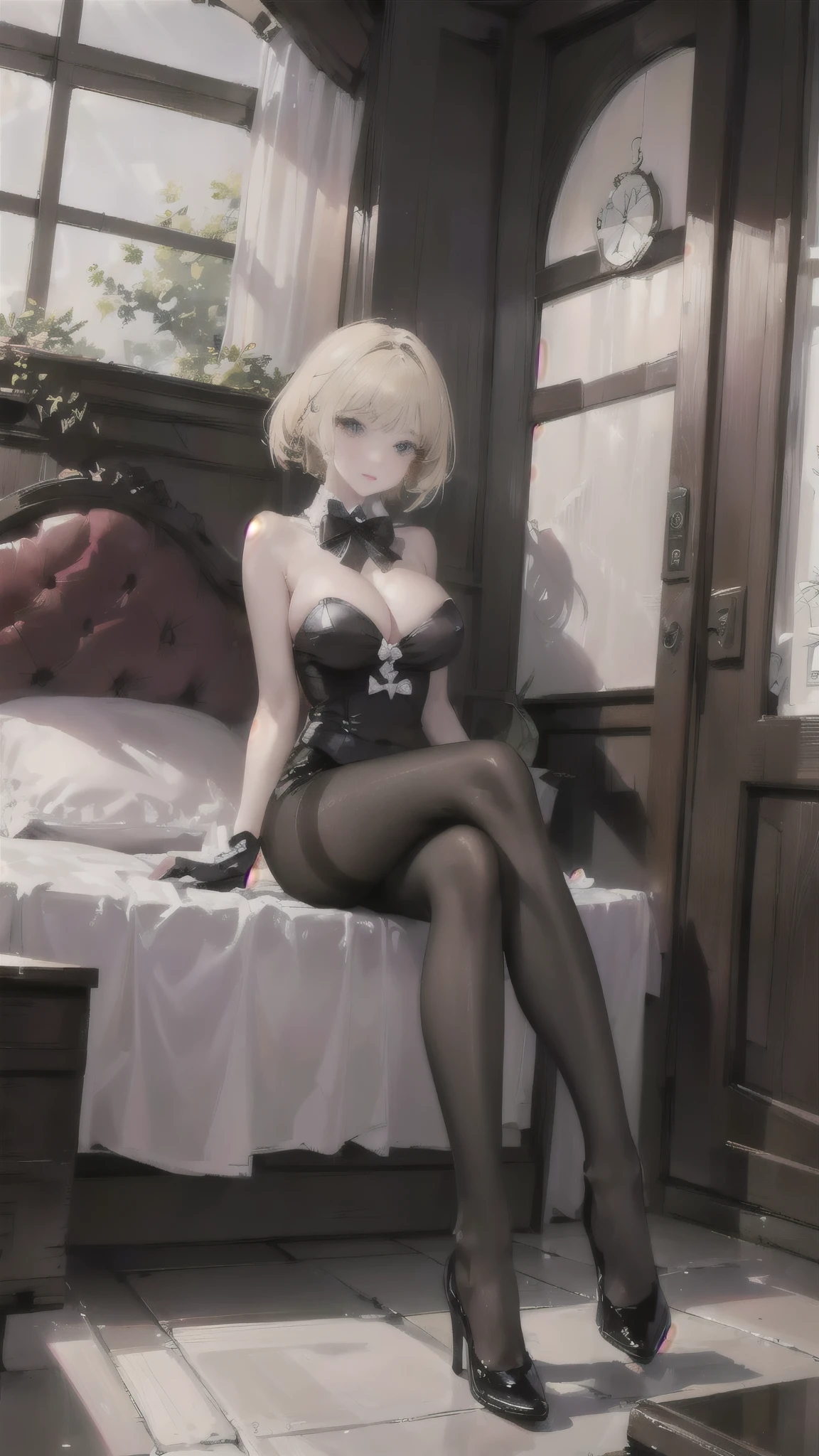 (((1 girl)),Ray Tracing,(Dim Lights),[Detailed background (bedroom)),((blond)),((short hair)),(Fluffy Silver Hair, Busty and slim girl)) high ponytail)))) Avoid blonde eyes in the ominous bedroom ((((女孩穿着精致刺绣的黑色高腰裤和Pantyhose) and white ruffled bow gloves), Show off your slender figure and beautiful curves, correct limb, Sitting on the bed，Big breasts，Deep cleavage，Pantyhose，miniskirt，