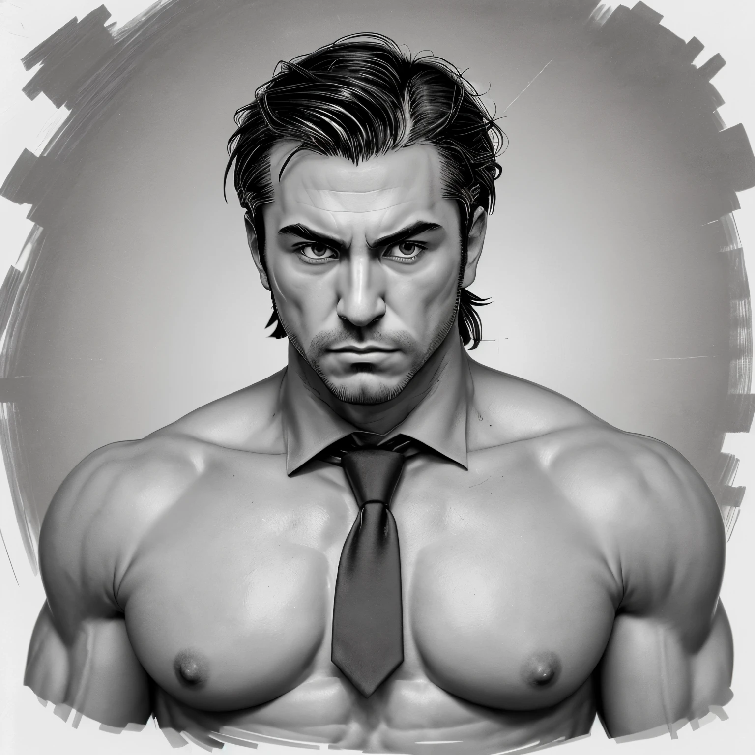 Digital drawing and manga style of the portrait of a man of moderate build, muscle, with a stern face, aux cheveux court et dégradé, portant un costard cravate.