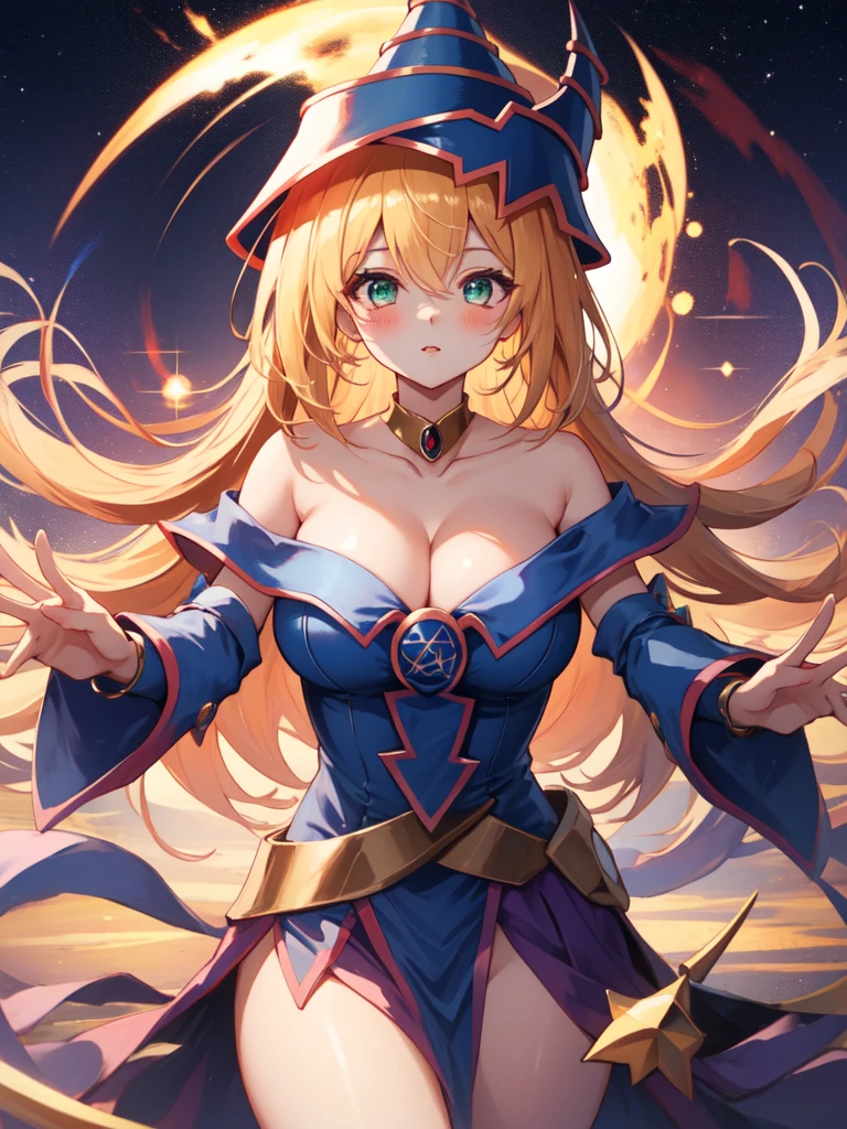 dark magician girl, duel monster, blush stickers, blonde hair, green eyes, long hair, breasts, blush, bangs, large breasts, hair between eyes, pentacle, pentagram, hat, dress, cleavage, bare shoulders, collarbone, choker, blue headwear, wizard hat, bracer, detached sleeves;highest quality,((highest quality)),((Tabletop)),((Perfect Face)),detailed５Two fingered hand,1 girl,(Background Blur), ((Holographic)),1 girl,milky way, (stripes of light), Impressive visuals, (Dynamic Streaks, Path of Light:1.2), Bright colors,whole body,Dynamic pose