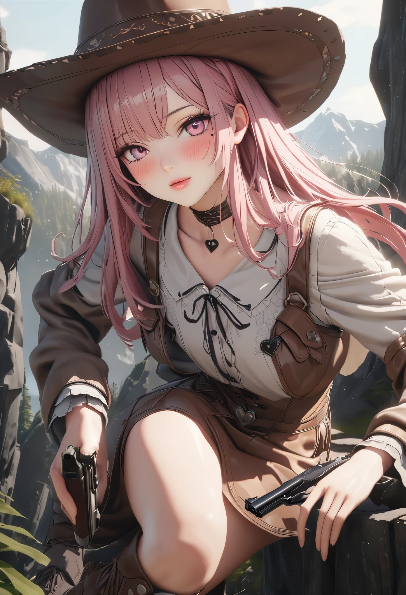 masterpiece,highest quality, Super detailed, High resolution, expensive resolution, HDR, 4k, 8K, unity 8k wallpaper, Super detailed CG, masterpiece, photo-realistic, 2D, 3D, beautiful details, depth, fine texture , super fine: 1.3, Fully focused, Crispy.skin, .he,
Very cute anime girl with 、Desolate wilderness、cowboy styleの衣装、cowboy hat、cowboy boots、handgun、Mexican Wilderness、duel、handgunを持って立っている、Pink semi-long hair wearing expensive , one girl、alone, Pink semi-long hair, animal ears, Bunny ears, cowboy style、cowboy hat、handgun、duel、cowboy boots、computer、disk、mole under the eye, looking at the viewer , expensive , blush, mole, Bunny ears, parted lips, hair ornaments, heart, pink eyes, choker