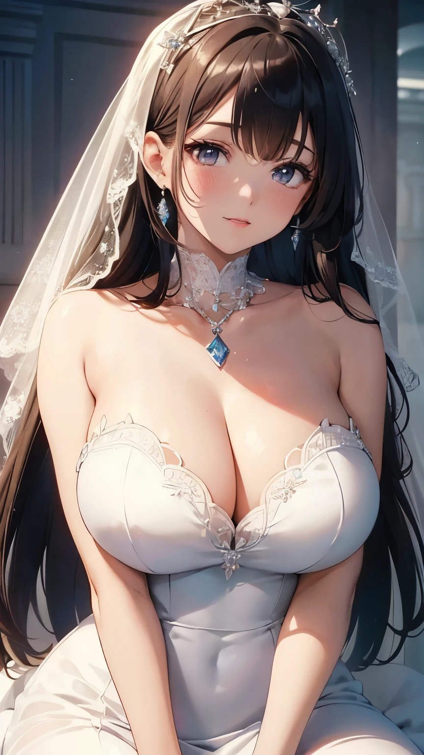 Tiandu_haze,  Close-up of beautiful bride wearing beautiful wedding dress,Gurwitz,(bridal veil:1.5），（Transparent short veil：1.5），Blushing face，Head flower，headgear，（tube top wedding dress：1.5），（Silk dress：1.2）,（Strapless wedding dress：1.5）,pure white dress，necklace，earrings，(large breasts:1.3)，Deep V peach heart collar wedding dress，Bangs，lipstick，（lace gloves：1.3）,whole body照,High detail RAW color art,Long white dress，whole body，Place your hands behind your back，(gigantic breasts:1.3), curvy body, 1990s anime cels style, 1990s manga style,