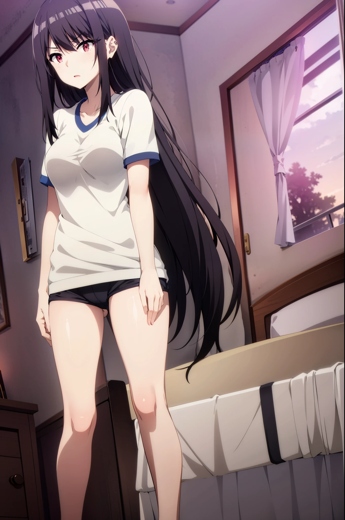 1girl, black hair,red eyes,masterpiece, best quality, high quality,medium breasts,(((white t-shirt,red underwear,bare legs))),kneeling on the bed,in the hospital