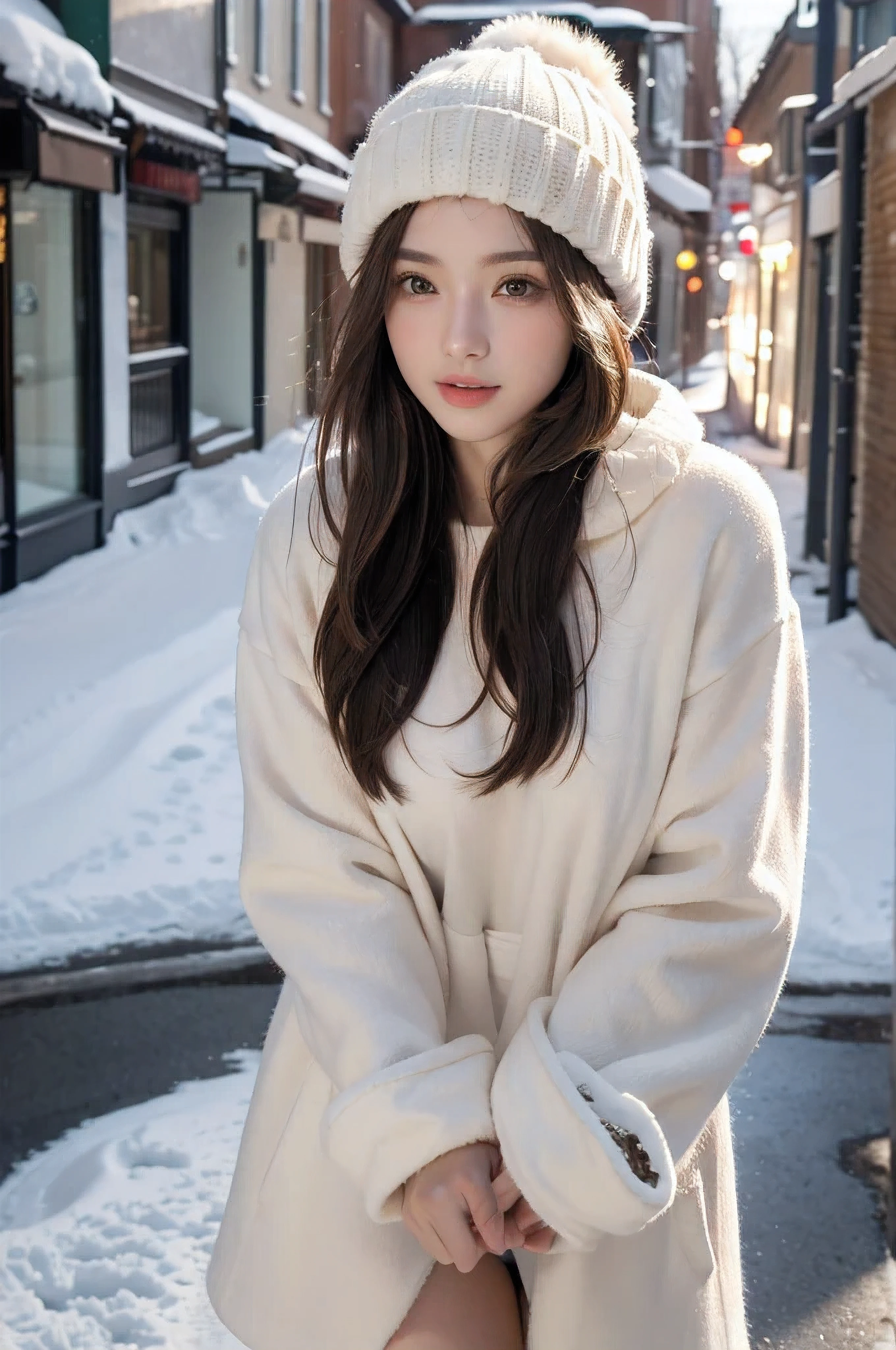 (best quality,highres,ultra-detailed),(realistic:1.37),portrait,painting,(oil painting:1.2),individual,young girl,23 years old,brown eyes,beautiful detailed eyes,beautiful detailed lips,extremely detailed eyes and face,long eyelashes,wavy brown hair,fine hair detailed,full figure,tall and slender body,confident pose,long hair tied up,short hair details,green winter clothing,stylish and fashionable outfit,wearing a trendy winter hat,model,standing on a snowy street,holding a snack in her hand,expressive and engaging eyes,alluring smile,sexy breasts,feminine curves,random photo pose,vivid colors,soft and warm lighting,cozy winter atmosphere
