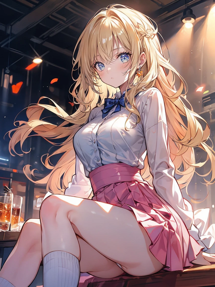 Artwork, Better Quality, ((( Girl with angry face))), elegant, 1 girl,, cute, Blushed, Watching the audience, From above, Wavy blonde hair, mini skirt,, Beautiful Eyes, Beautiful background, Particles of light, Light of the sun, Dramatic lighting, outside, bright, Realist, Artwork, Better Quality, ultra-be familiar with, be familiar with, scenario, beautiful be familiar with eyes, be familiar with hair, whole body,Highly revealing clothing