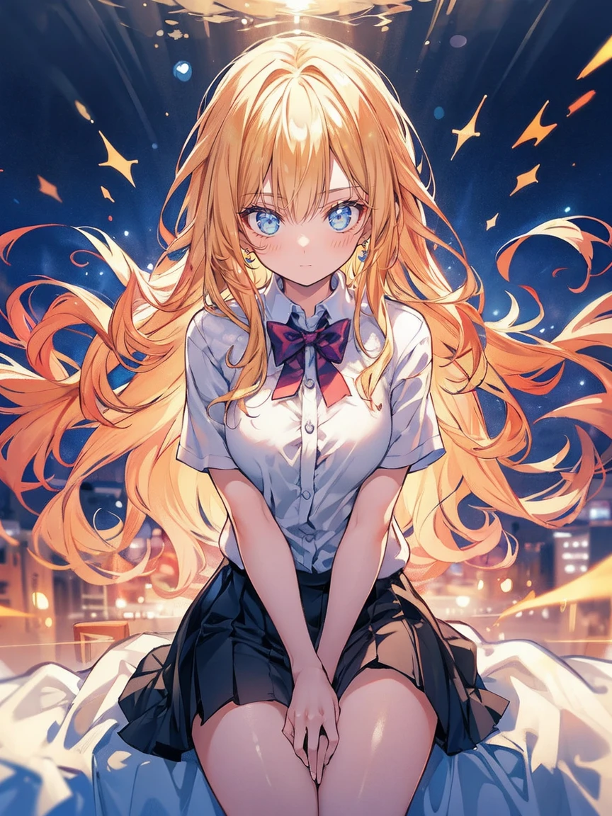 Artwork, Better Quality, ((( Girl with angry face))), elegant, 1 girl,, cute, Blushed, Watching the audience, From above, Wavy blonde hair, mini skirt,, Beautiful Eyes, Beautiful background, Particles of light, Light of the sun, Dramatic lighting, outside, bright, Realist, Artwork, Better Quality, ultra-be familiar with, be familiar with, scenario, beautiful be familiar with eyes, be familiar with hair, whole body,Highly revealing clothing