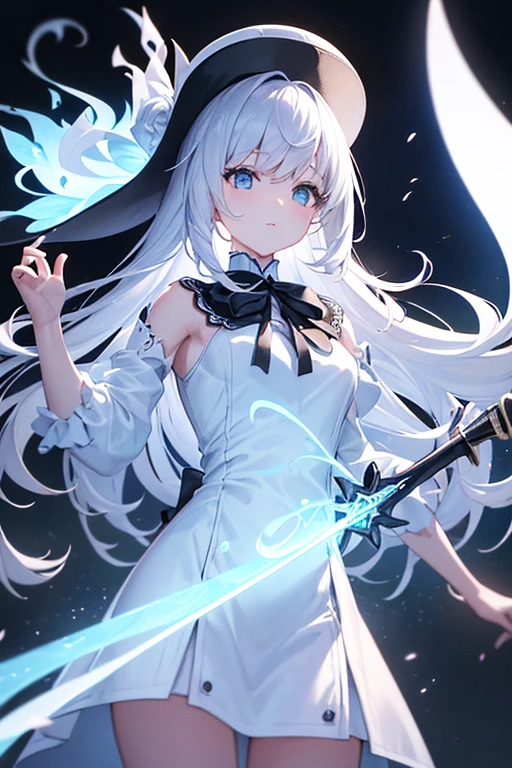 A small 10-year-old girl with a flat AA-size chest. Her proportions include an extremely flat chest. She has heterochromia, her right eye is a deep emerald green, and her left eye is bright blue. Her features include snow-white hair fluttering behind her, ears of a white tiger atop her head. She sports a flowing white cloak that billows behind her and dual-wields two white katanas. Her stance is confident and mature, her expression focused and calm. Her clothes cover her completely.  angel-like cuteness. dramatic background