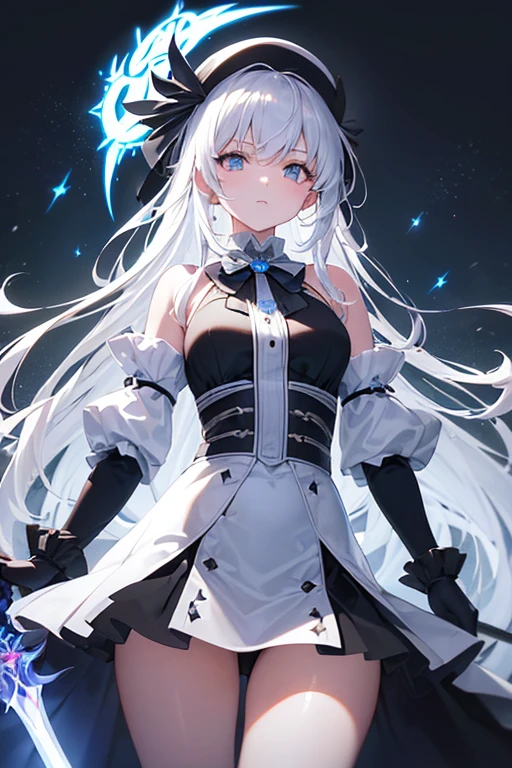 (Obra maestra:1.2), Mejor calidad, (illustration:1.2), (ultra detallado), hiper detalles, (delicado detallado), (detalles intrincados), (cinematic light, Mejor calidad Backlights), Delete line, solista, Cuerpo perfecto, (1 chica),anime a elegant girl, hat cap detailed glowing ribbon ultra detailed, style detailed, most beatiful, soft delicatessen hair, translucent dressing Phantom, long soft dressing,detailed glowing drawing(glowing color hands). black and white. Poster Original ink press octane render digital art stylized, standing in front of the with her magical sword and sword to release blue flame, cool black dregon tattoo on neck and who cut through infinity, she who has touched the void, (constituir), alto contraste, (mejor iluminacion, un extremadamente creado y hermoso), (cinematic light), vistoso,