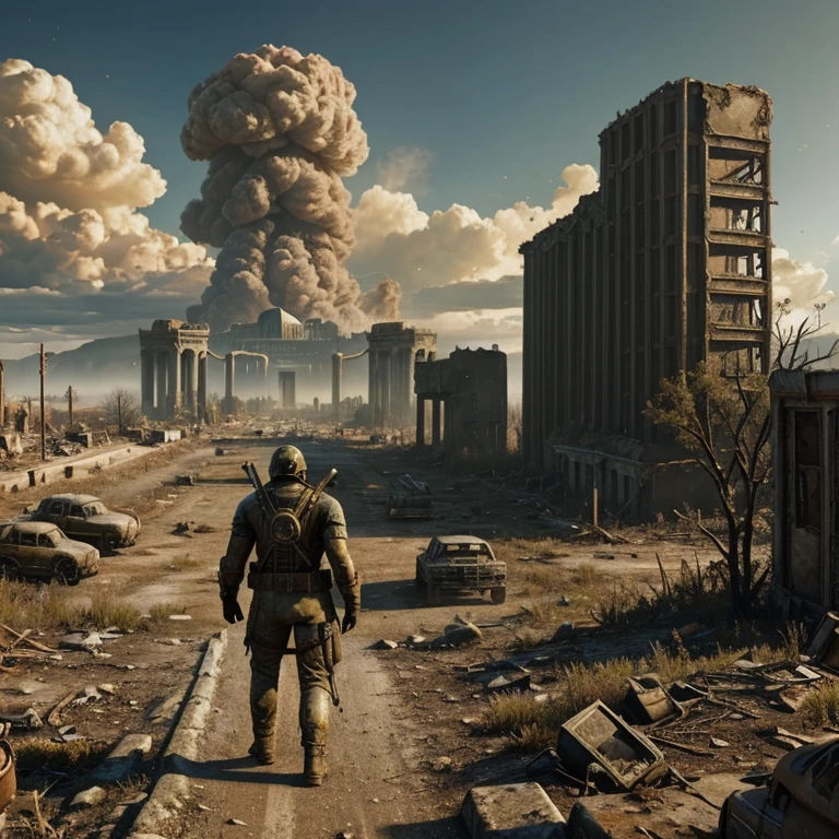 A landscape depicting a post-apocalyptic world where nature has defeated the remnants of civilization. Show abandoned city ruins or wastelands that tell the story of the fall of powerful empires. fallout vault. nuclear strike. USA. . Kremlin. a man in a protective suit. dog. fallout 76