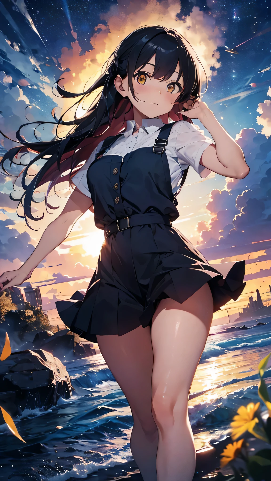 Create a stunning digital artwork of a mesmerizing beauty with a front-facing pose. She should have long flowing navy blue hair and captivating yellow eyes. The overall aesthetic should be mysterious and enchanting